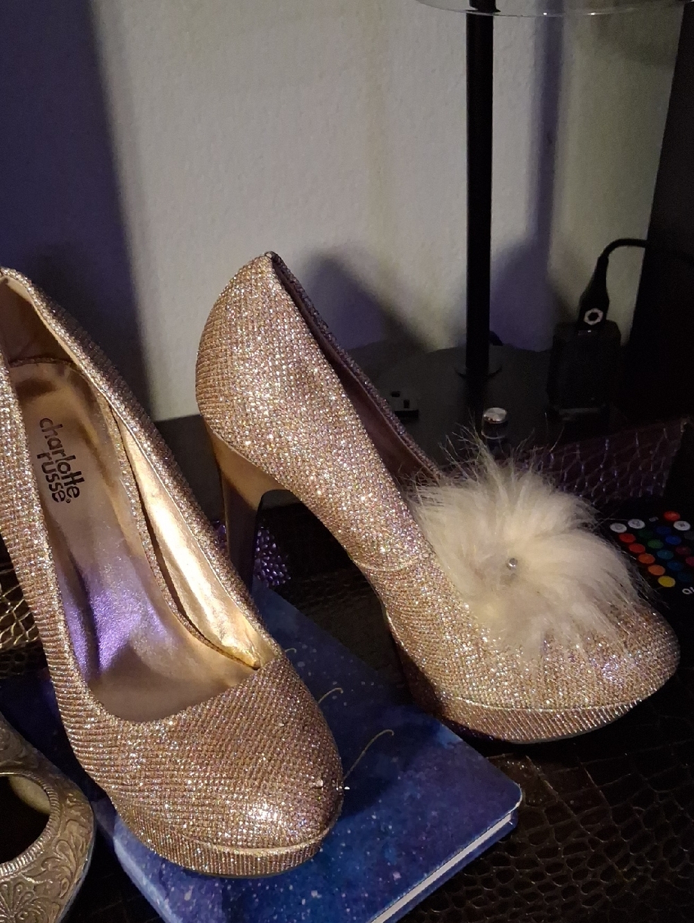 Charlotte Russe Rose Gold Glitter Heels with Faux-Fur Pom